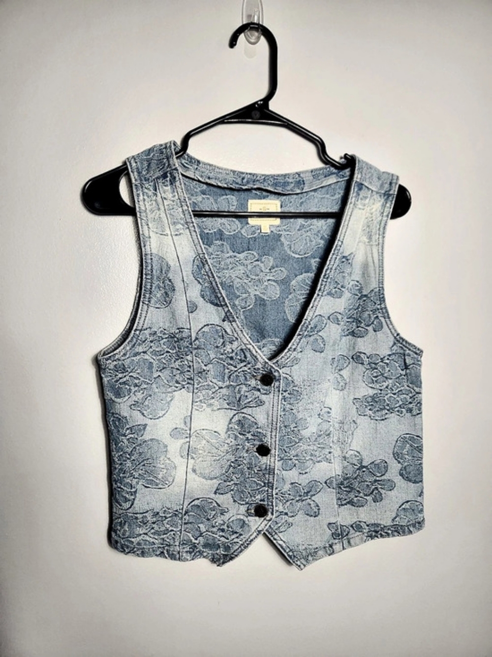 Sterling & Stitch Floral Print Denim Button-Down Vest Acid Wash Size Medium